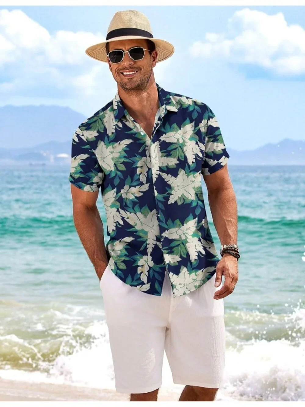 Men's  Blue-white Floral Classic Beach Linen Short Sleeve Casual Imported Shirt